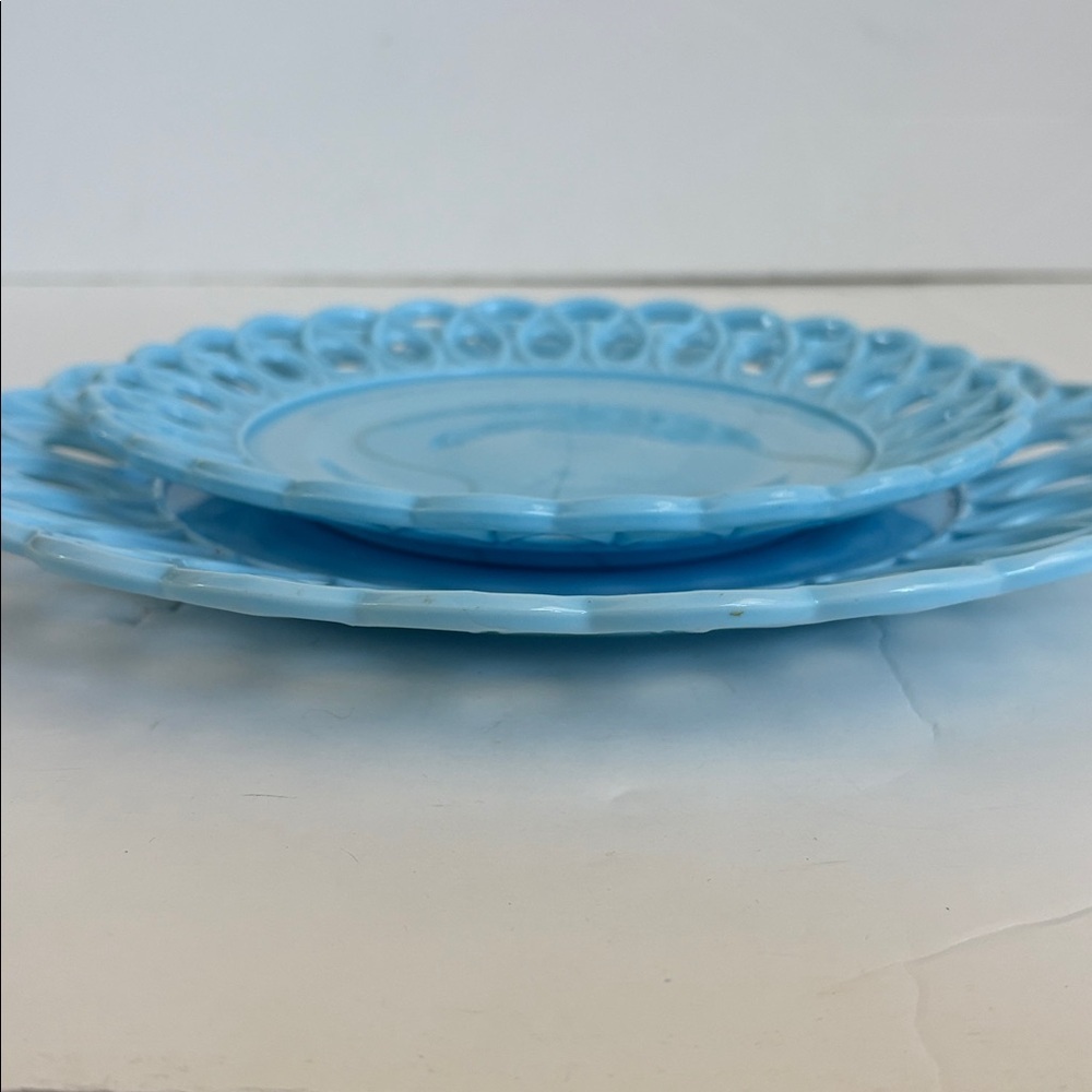 Challinor & Taylor blue milk glass slag glass 8” and 10” scroll and eye plates - Picture 14 of 14